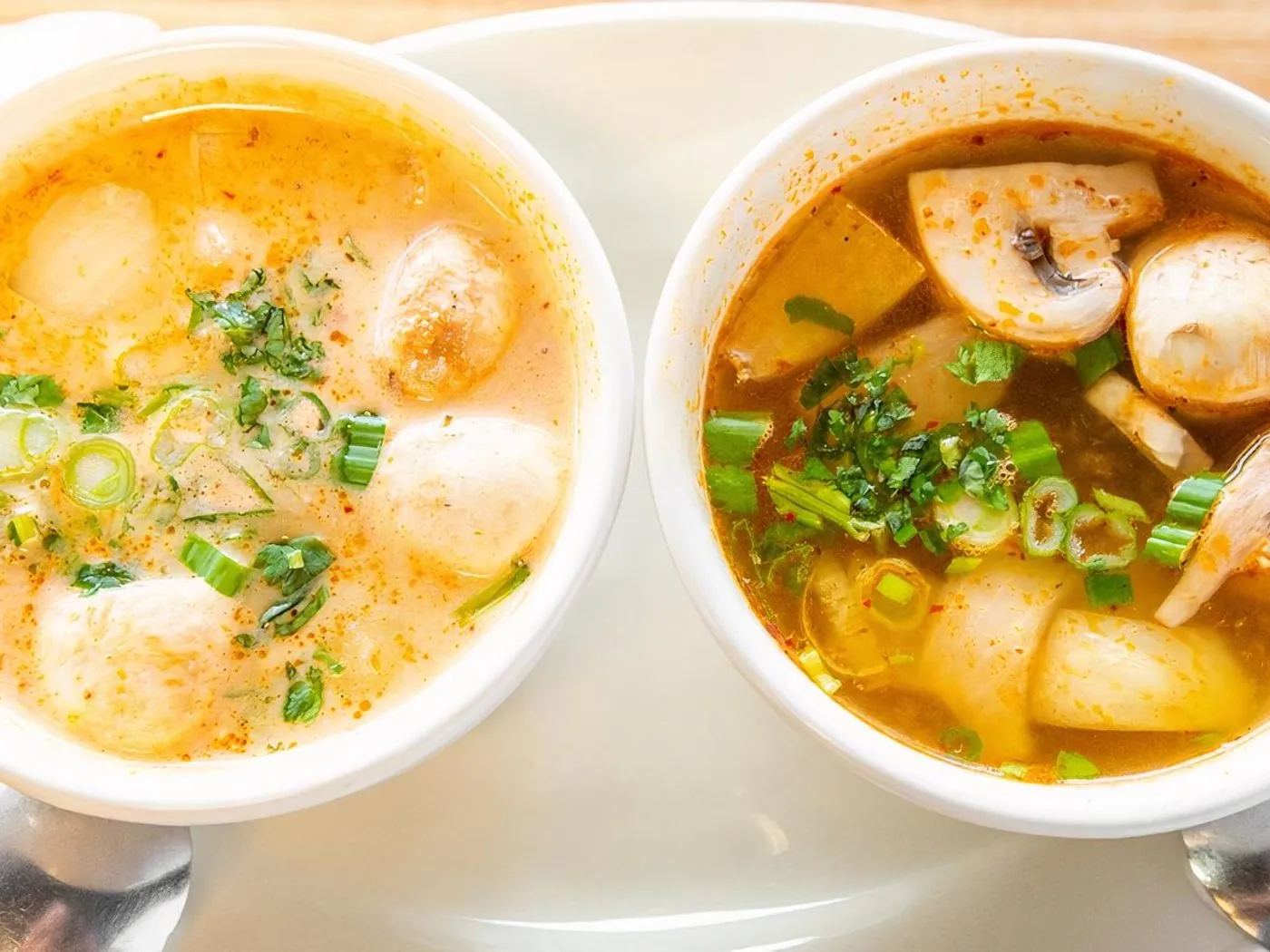 Tom Kha (left bowl) and Tom Yum (right bowl) at KK Pepper Thai Restaurant